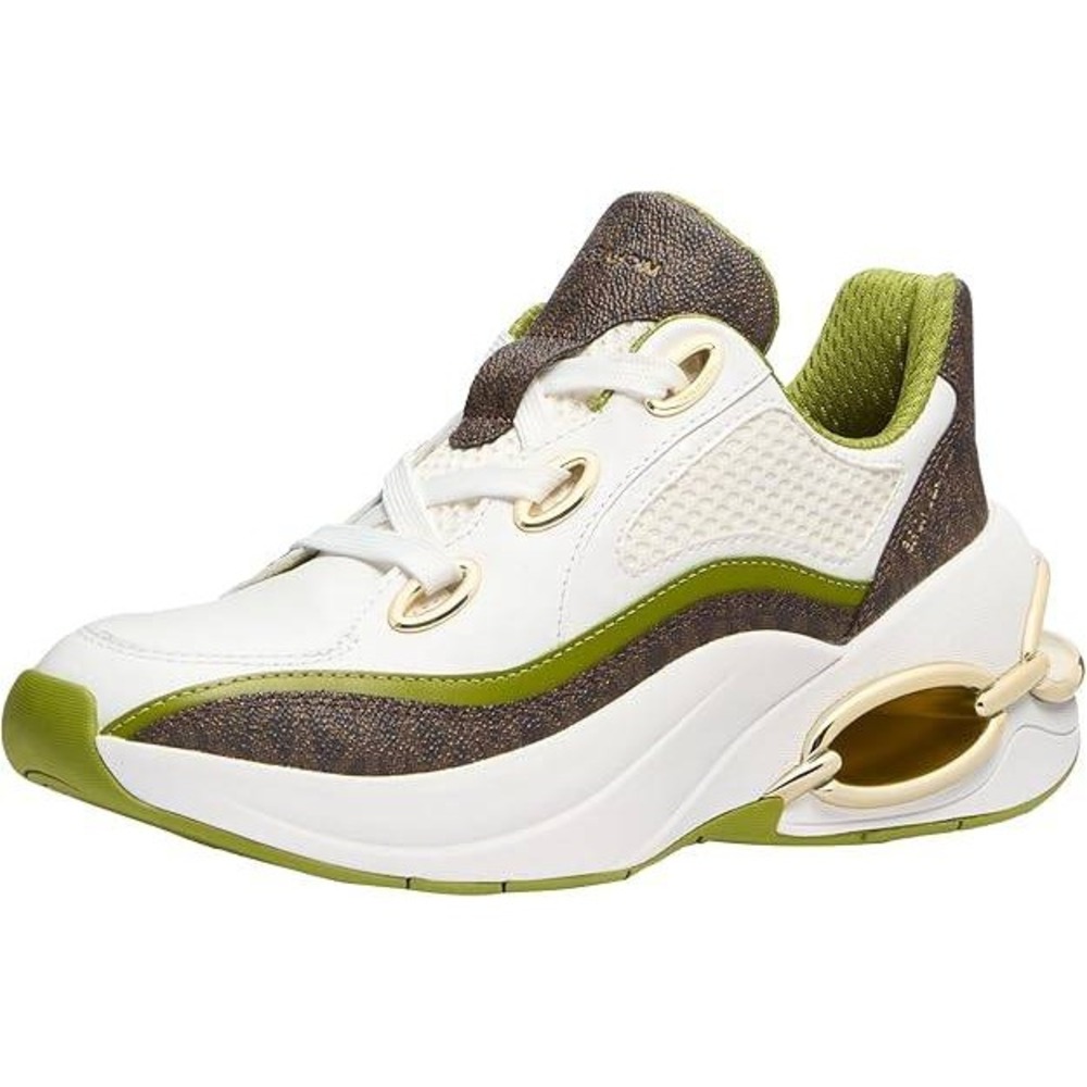 Michael Kors Maddy Trainer Sneakers White Green Logo Print Gold Chain Womens 7.5